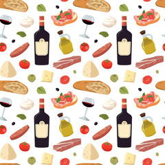 Italian food seamless pattern. Cartoon illustration with Italian cheese, meat, bread, tomatoes, and wine. Isolated on white background.