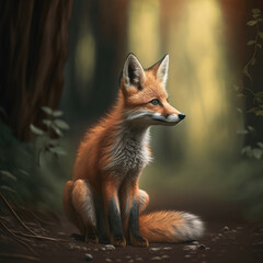 Red fox, blurry forest background, Generative AI