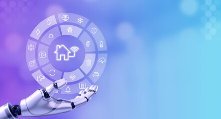 Smart home technology concept. Virtual circular futuristic interface with digital management icons, automation assistant menu in on AI human robot's hand on gradient blue background with copy space.