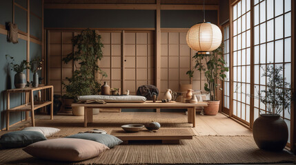 Plakat Vintage living room with natural wood. Generative AI.