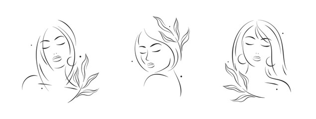 Set of silhouettes of women's portraits. Black and white illustrations of beautiful girls. Beauty salon logo. Female face. Vector illustration
