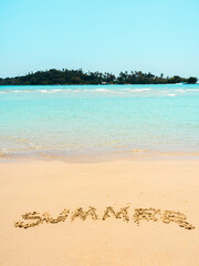 Seascape, summer vacation holiday background, vertical style. Tropical sandy beach with word 