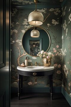 Beautiful Chinoiseries Powder Room with Floral Wallpaper Interior Design, ai generative