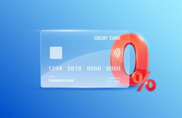 Red 0% text in credit card white transparent. Zero percent for special offer buy pay transfer money. Isolated on blue background. Financial business concept. 3D vector illustration. - obrazy, fototapety, plakaty