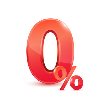 Red 0% text in credit card white transparent. Zero percent for special offer buy pay transfer money. Isolated on blue background. Financial business concept. 3D vector illustration.