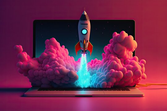 Business start up launch coming out from laptop, ai generative