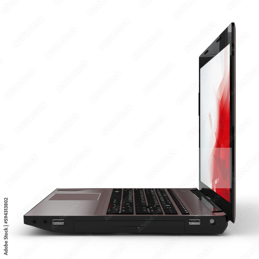 Poster side view of a laptop with open display isolated on white background
