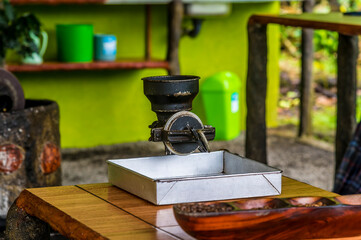 A view of a hand mixer used to grind coffee beans into powder in La Fortuna, Costa Rica during the...