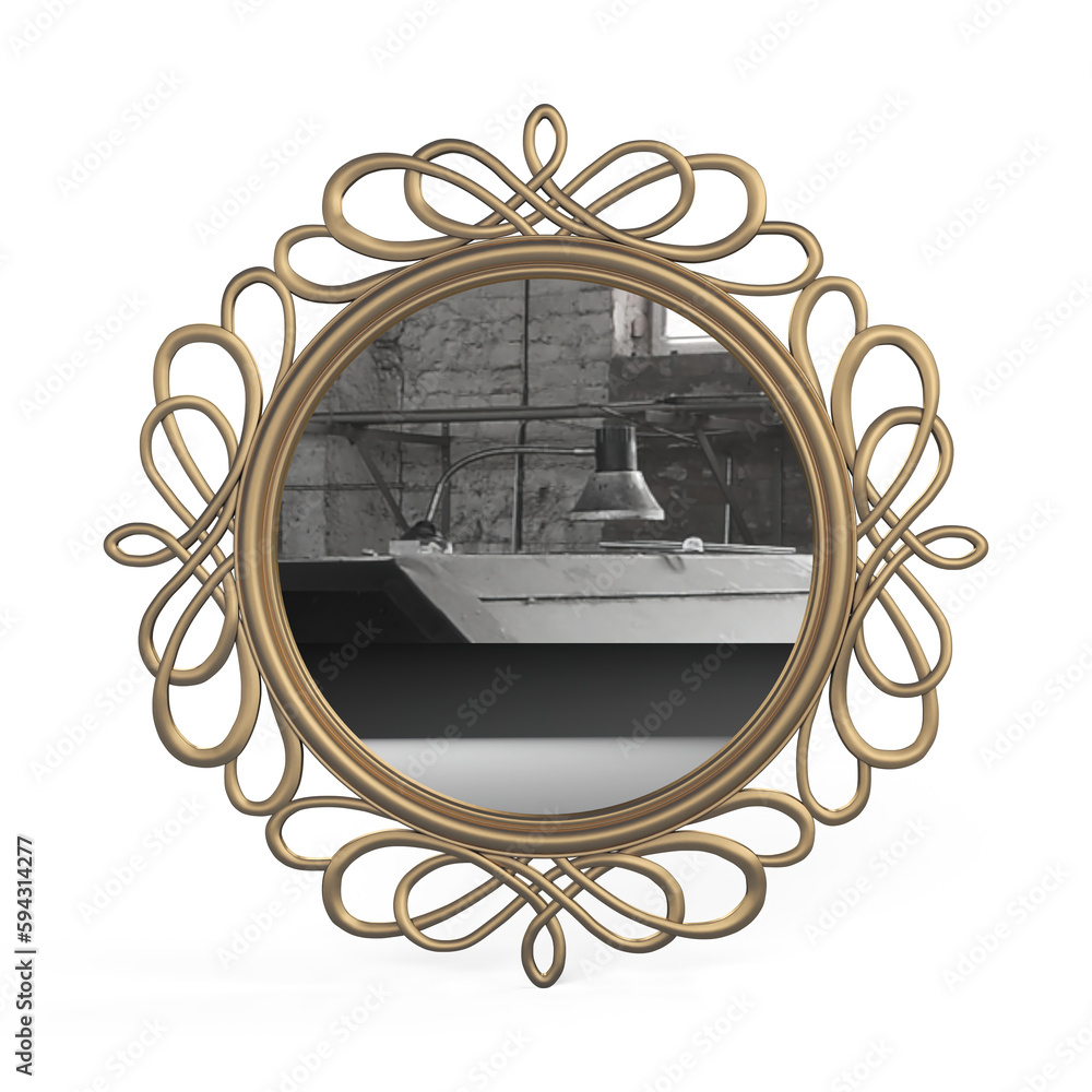 Poster 3d rendering of round mirror on the wall with baroque gold frame and gray reflection of a boat