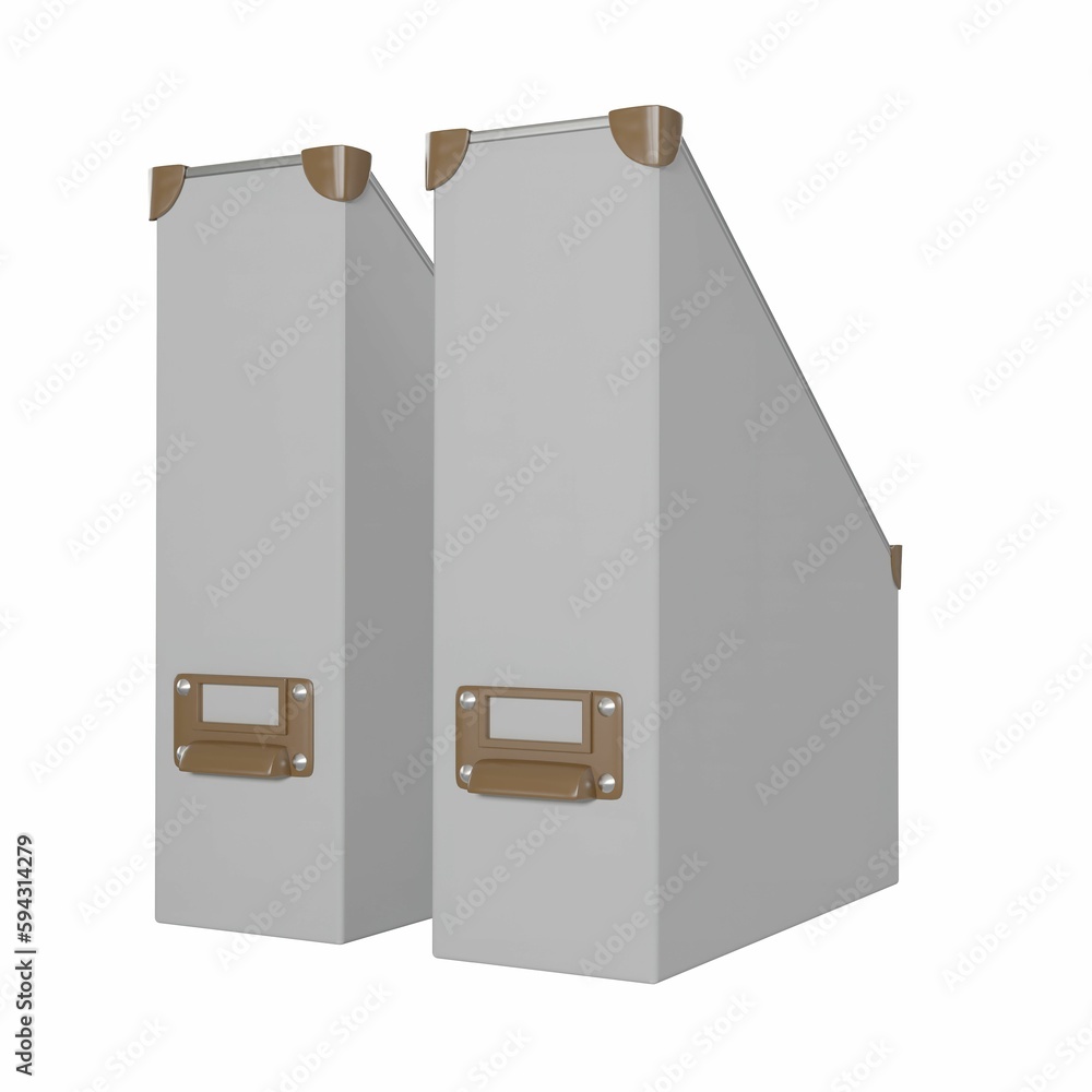 Poster 3d rendering of two white magazine files with brown handles and blank label
