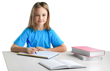 Education, learning concept - student girl with book writing school test