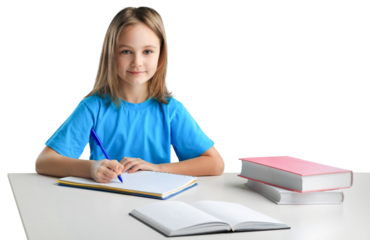 Education, learning concept - student girl with book writing school test