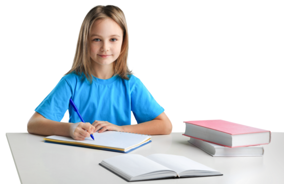 Education, learning concept - student girl with book writing school test