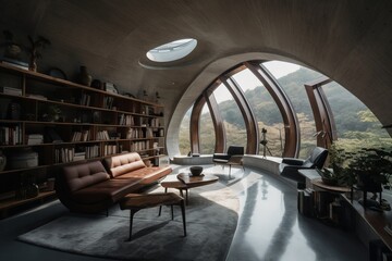 A living room filled with furniture and lots of windows, lounge, terminal, books cave, , arched ceiling, world of only concrete. Generated ai