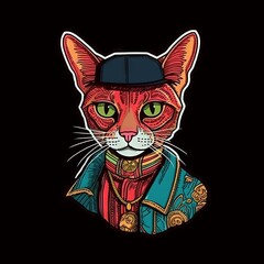 Fashion cat sticker, black background. Generative ai.