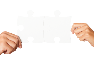 Two peoples join piece of puzzle as teamwork, partnership, integration concept