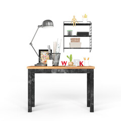 Digital illustration of a creative workspace with a wooden table and colorful decorations