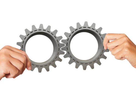 Business  people connect two pieces of gears as partnership, teamwork and integration concept