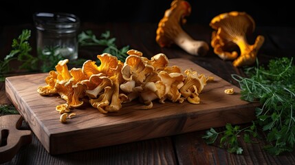 Fresh chanterelle  on a wooden chopping board, Generative AI