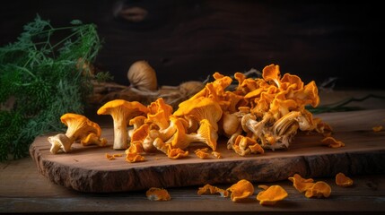 Fresh chanterelle  on a wooden chopping board, Generative AI
