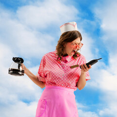 Beautiful young girl in image of retro cater waiter wearing 70s, 80s fashion style uniform shouting into phone over sky background. Trash pop art, retro vivid palette
