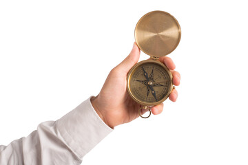businessman holds a compass to help himself to find the correct way