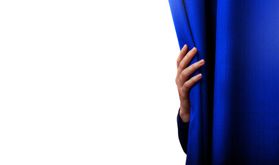 Hand are opening the curtain of a stage. the show is about to begin