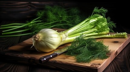 Fresh fennel on a wooden chopping board, Generative AI