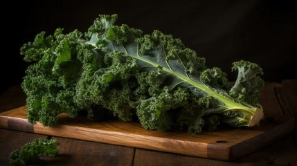 Fresh kale on a wooden chopping board, Generative AI