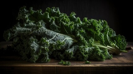 Fresh kale on a wooden chopping board, Generative AI