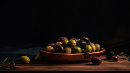 Fresh olives on a wooden chopping board, Generative AI