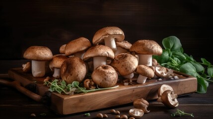 Fresh Mushrooms on a wooden chopping board, Generative AI
