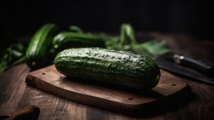 Fresh Cucumber on a wooden chopping board, Generative AI