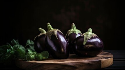 Fresh Eggplant on a wooden chopping board, Generative AI