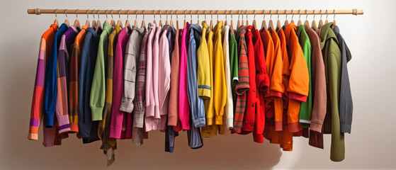 Fototapeta na wymiar Fashion clothes on clothing rack - bright colorful closet. Closeup of rainbow color choice of trendy female wear on hangers in store closet or spring cleaning concept. Summer home wardrobe. 