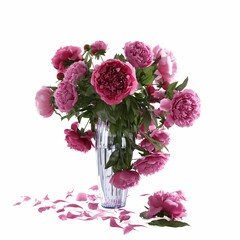 3D rendering of pink peonies in a glass vase isolated on a white background