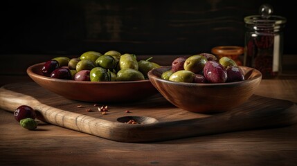 Fresh olives on a wooden chopping board, Generative AI
