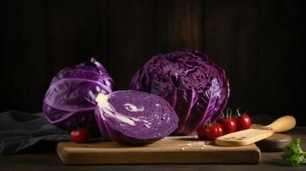 Fresh Red Cabbage on a wooden chopping board, Generative AI