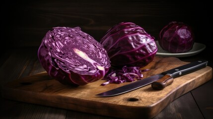 Fresh Red Cabbage on a wooden chopping board, Generative AI