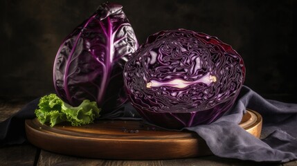 Fresh Red Cabbage on a wooden board  on a wooden chopping board, Generative AI