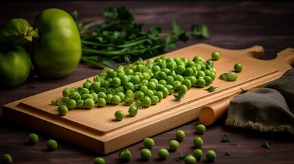 Fresh Green peas on a wooden cutting board, Generative AI