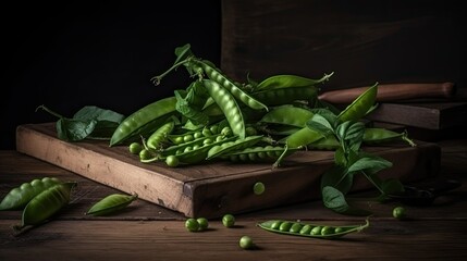 Fresh Peas and pea pods on a wooden chopping board, Generative AI