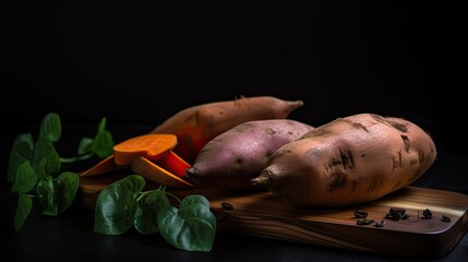 Sweet potatoes on a wooden cutting board, Generative AI