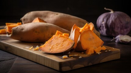 Fresh sweet potatoes on a wooden chopping board, Generative AI