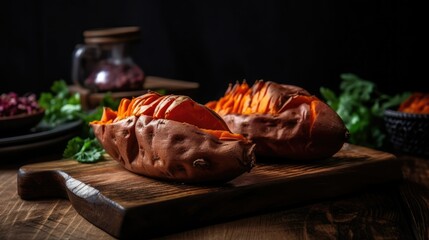 Fresh sweet potatoes on a wooden chopping board, Generative AI