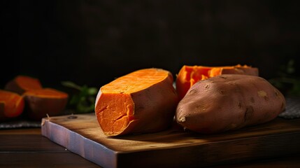 Fresh sweet potatoes on a wooden chopping board, Generative AI