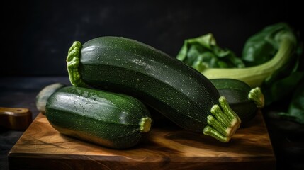 Fresh zucchini on a wooden chopping board, Generative AI