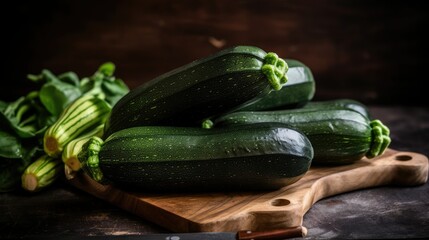 Fresh zucchini on a wooden chopping board, Generative AI