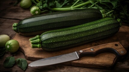 Fresh zucchini on a wooden chopping board, Generative AI