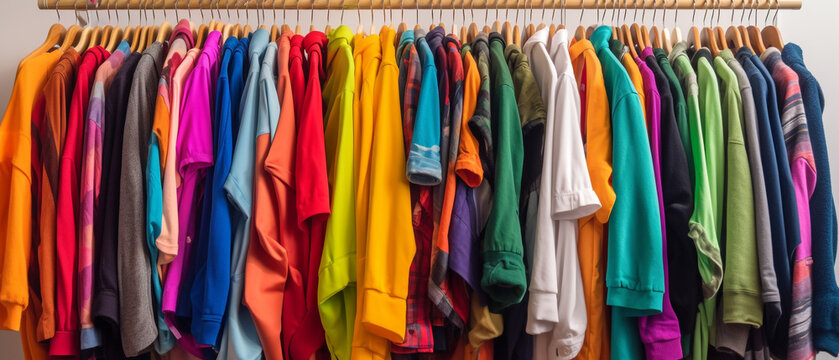 Fashion clothes on clothing rack - bright colorful closet. Closeup of rainbow color choice of trendy female wear on hangers in store closet or spring cleaning concept. Summer home wardrobe. 